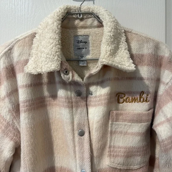 Disney x Forever 21 Cream and Pink Sherpa Bambi Flannel Jacket Sz S.